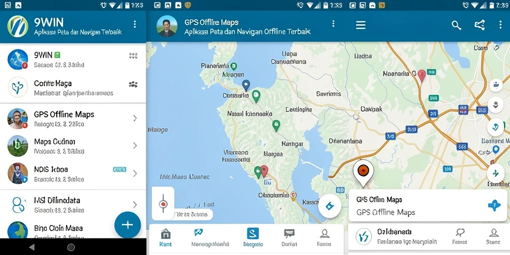 Antarmuka aplikasi 9WIN dengan fungsi navigasi GPS Offline Maps.