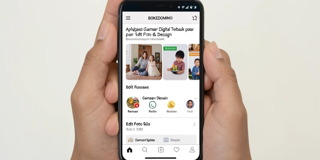 Antarmuka pengguna BOKEDOMINO dengan berbagai alat edit foto.