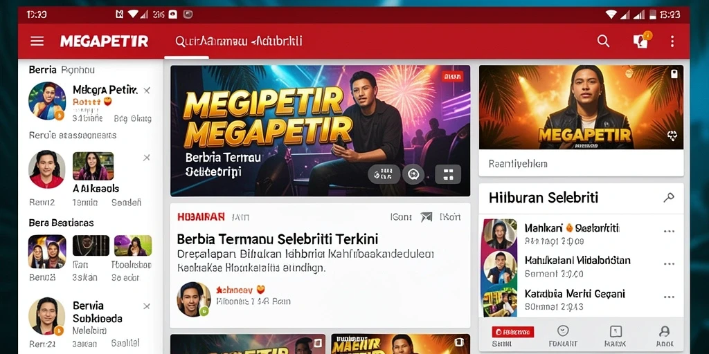 Antarmuka MEGAPETIR menampilkan berita selebriti terkini dengan menarik.