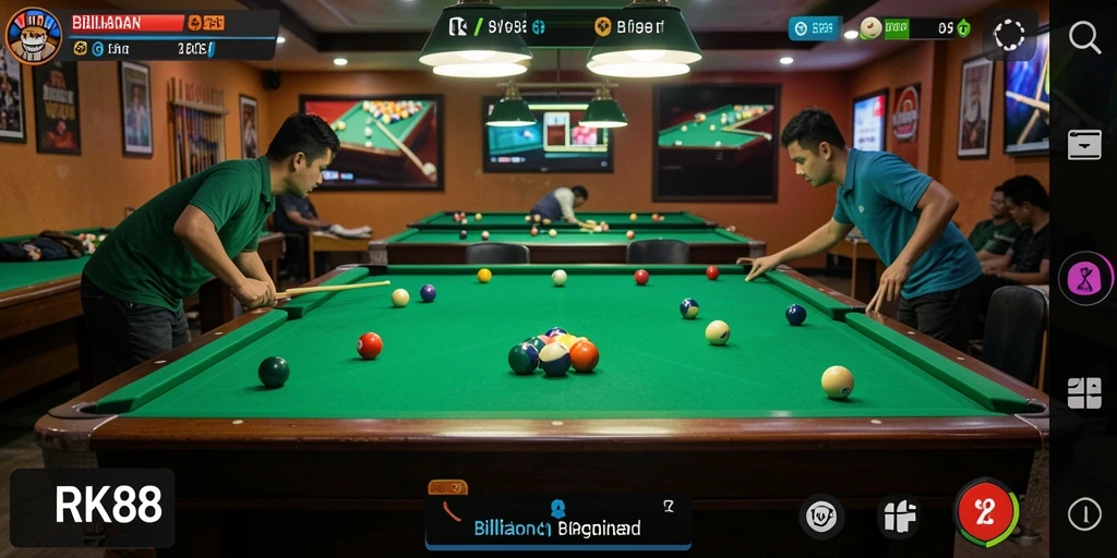 Tampilan antarmuka RK88 yang menarik dengan fokus pada fitur Billiard.